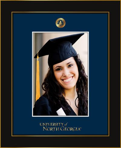 Image of University of North Georgia 5 x 7 Photo Frame - Honors Black Satin - w/Official Embossing of UNG Seal & Wordmark - Single Navy mat