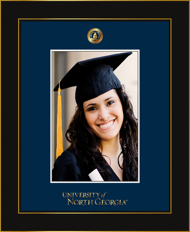 Image of University of North Georgia 5 x 7 Photo Frame - Honors Black Satin - w/Official Embossing of UNG Seal & Wordmark - Single Navy mat