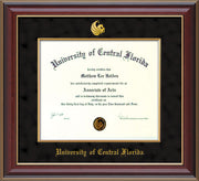 Image of University of Central Florida Diploma Frame - Cherry Lacquer - w/Embossed UCF Seal & Name - Fillet - Black Suede mat