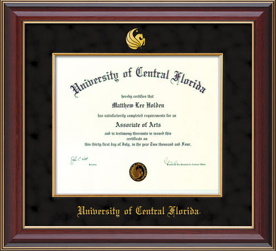 Image of University of Central Florida Diploma Frame - Cherry Lacquer - w/Embossed UCF Seal & Name - Fillet - Black Suede mat