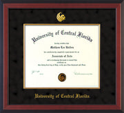 Image of University of Central Florida Diploma Frame - Mahogany Lacquer - w/Embossed UCF Seal & Name - Fillet - Black Suede mat
