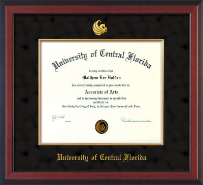 Image of University of Central Florida Diploma Frame - Mahogany Lacquer - w/Embossed UCF Seal & Name - Fillet - Black Suede mat