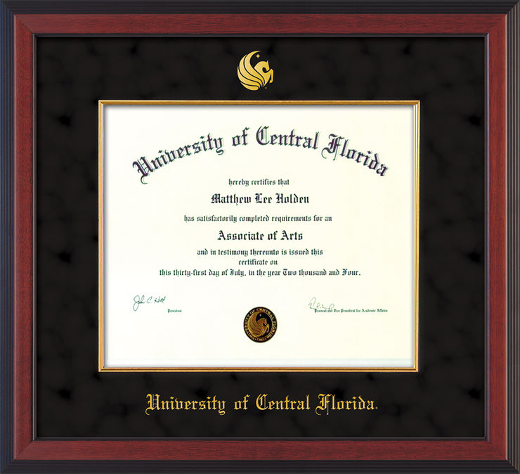 Image of University of Central Florida Diploma Frame - Mahogany Lacquer - w/Embossed UCF Seal & Name - Fillet - Black Suede mat