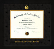 Image of University of Central Florida Diploma Frame - Flat Matte Black - w/Embossed UCF Seal & Name - Fillet - Black on Gold mat