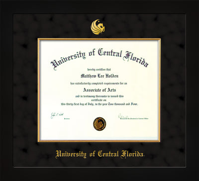 Image of University of Central Florida Diploma Frame - Flat Matte Black - w/Embossed UCF Seal & Name - Fillet - Black on Gold mat