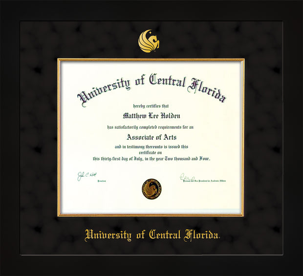 Image of University of Central Florida Diploma Frame - Flat Matte Black - w/Embossed UCF Seal & Name - Fillet - Black on Gold mat