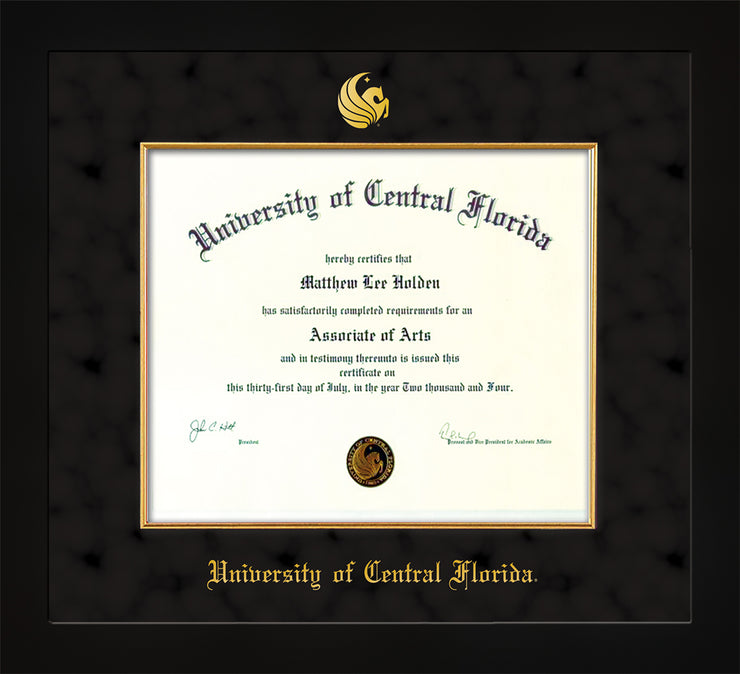 Image of University of Central Florida Diploma Frame - Flat Matte Black - w/Embossed UCF Seal & Name - Fillet - Black on Gold mat