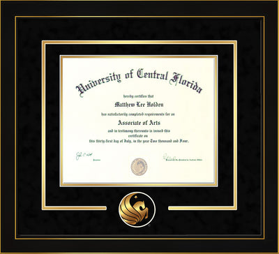Image of University of Central Florida Diploma Frame - Honors Black Satin - 3D Laser Pegasus Logo Cutout - Black Suede on Gold mat