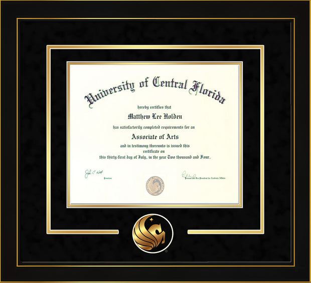 Image of University of Central Florida Diploma Frame - Honors Black Satin - 3D Laser Pegasus Logo Cutout - Black Suede on Gold mat