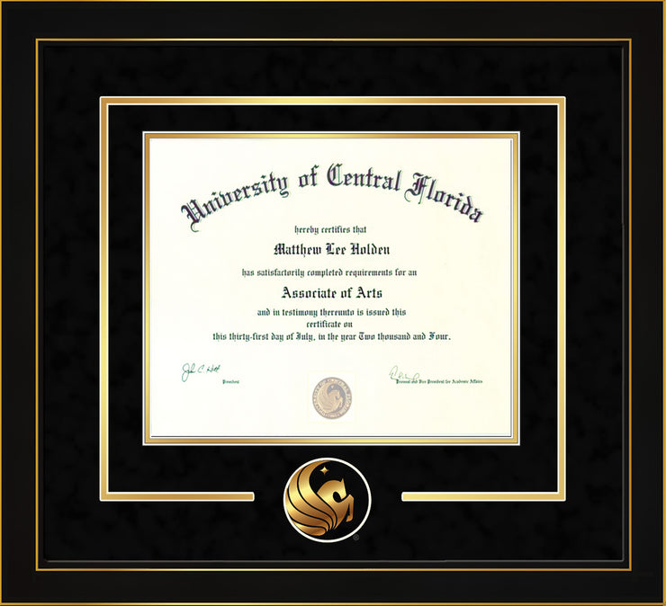 Image of University of Central Florida Diploma Frame - Honors Black Satin - 3D Laser Pegasus Logo Cutout - Black Suede on Gold mat