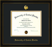 Image of University of Central Florida Diploma Frame - Honors Black Satin - w/Embossed UCF Seal & Name - Black on Gold mat