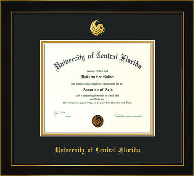 Image of University of Central Florida Diploma Frame - Honors Black Satin - w/Embossed UCF Seal & Name - Black on Gold mat