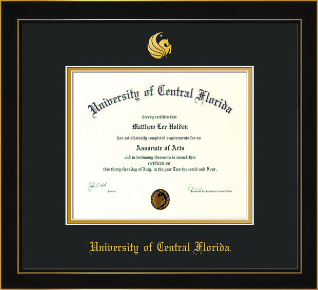 Image of University of Central Florida Diploma Frame - Honors Black Satin - w/Embossed UCF Seal & Name - Black on Gold mat