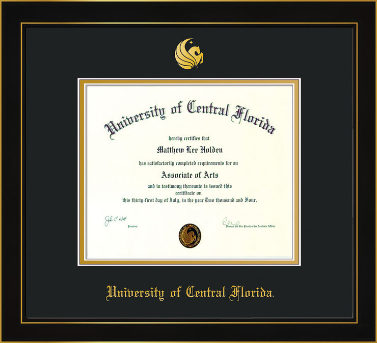 Image of University of Central Florida Diploma Frame - Honors Black Satin - w/Embossed UCF Seal & Name - Black on Gold mat