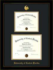 Image of University of Central Florida Diploma Frame - Honors Black Satin - w/Embossed UCF Seal & Name - Double Diploma for 8.5x11 & 11x14 diplomas - Black on Gold mats