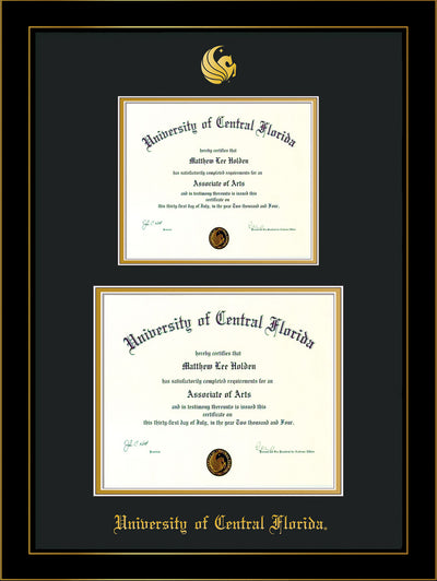 Image of University of Central Florida Diploma Frame - Honors Black Satin - w/Embossed UCF Seal & Name - Double Diploma for 8.5x11 & 11x14 diplomas - Black on Gold mats