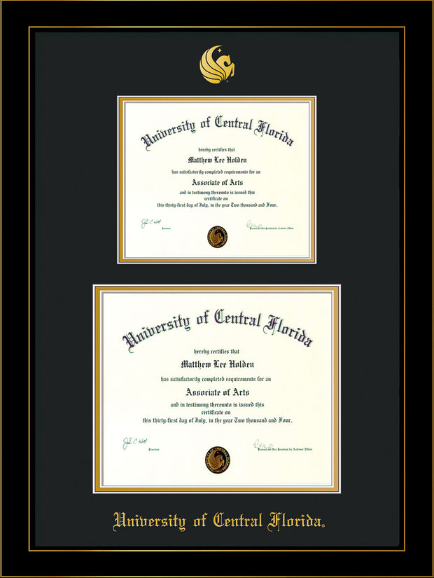 Image of University of Central Florida Diploma Frame - Honors Black Satin - w/Embossed UCF Seal & Name - Double Diploma for 8.5x11 & 11x14 diplomas - Black on Gold mats