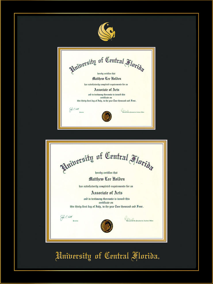 Image of University of Central Florida Diploma Frame - Honors Black Satin - w/Embossed UCF Seal & Name - Double Diploma for 8.5x11 & 11x14 diplomas - Black on Gold mats