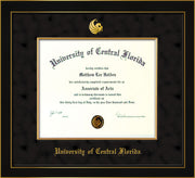 Image of University of Central Florida Diploma Frame - Honors Black Satin - w/Embossed UCF Seal & Name - Fillet - Black Suede mat
