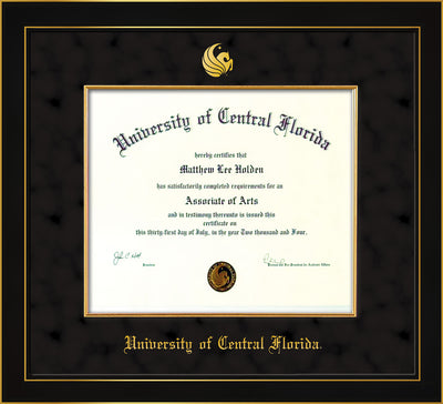 Image of University of Central Florida Diploma Frame - Honors Black Satin - w/Embossed UCF Seal & Name - Fillet - Black Suede mat