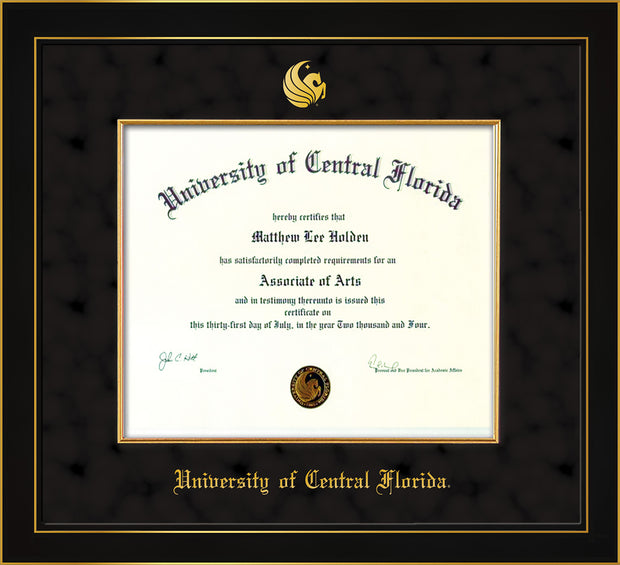 Image of University of Central Florida Diploma Frame - Honors Black Satin - w/Embossed UCF Seal & Name - Fillet - Black Suede mat