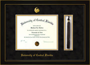 Image of University of Central Florida Diploma Frame - Honors Black Satin - w/Embossed UCF Seal & Name - Tassel Holder - Black Suede on Gold mat
