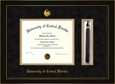 Image of University of Central Florida Diploma Frame - Honors Black Satin - w/Embossed UCF Seal & Name - Tassel Holder - Black Suede on Gold mat