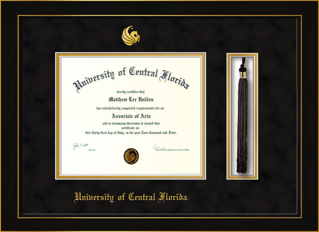 Image of University of Central Florida Diploma Frame - Honors Black Satin - w/Embossed UCF Seal & Name - Tassel Holder - Black Suede on Gold mat