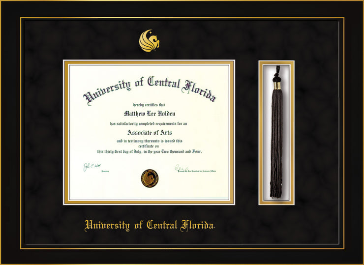 Image of University of Central Florida Diploma Frame - Honors Black Satin - w/Embossed UCF Seal & Name - Tassel Holder - Black Suede on Gold mat
