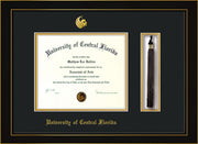 Image of University of Central Florida Diploma Frame - Honors Black Satin - w/Embossed UCF Seal & Name - Tassel Holder - Black on Gold mat