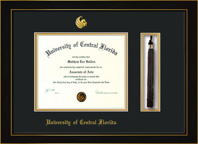 Image of University of Central Florida Diploma Frame - Honors Black Satin - w/Embossed UCF Seal & Name - Tassel Holder - Black on Gold mat