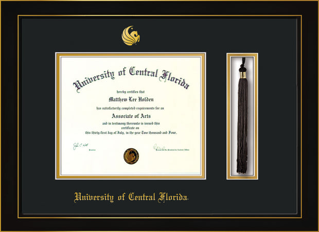 Image of University of Central Florida Diploma Frame - Honors Black Satin - w/Embossed UCF Seal & Name - Tassel Holder - Black on Gold mat
