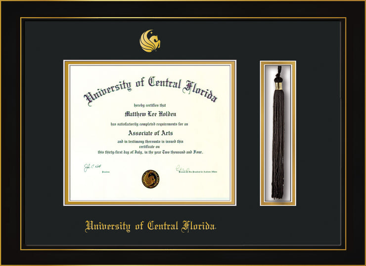 Image of University of Central Florida Diploma Frame - Honors Black Satin - w/Embossed UCF Seal & Name - Tassel Holder - Black on Gold mat