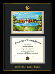 Image of University of Central Florida Diploma Frame - Honors Black Satin - w/Embossed UCF Seal & Name - Watercolor - Black on Gold mat