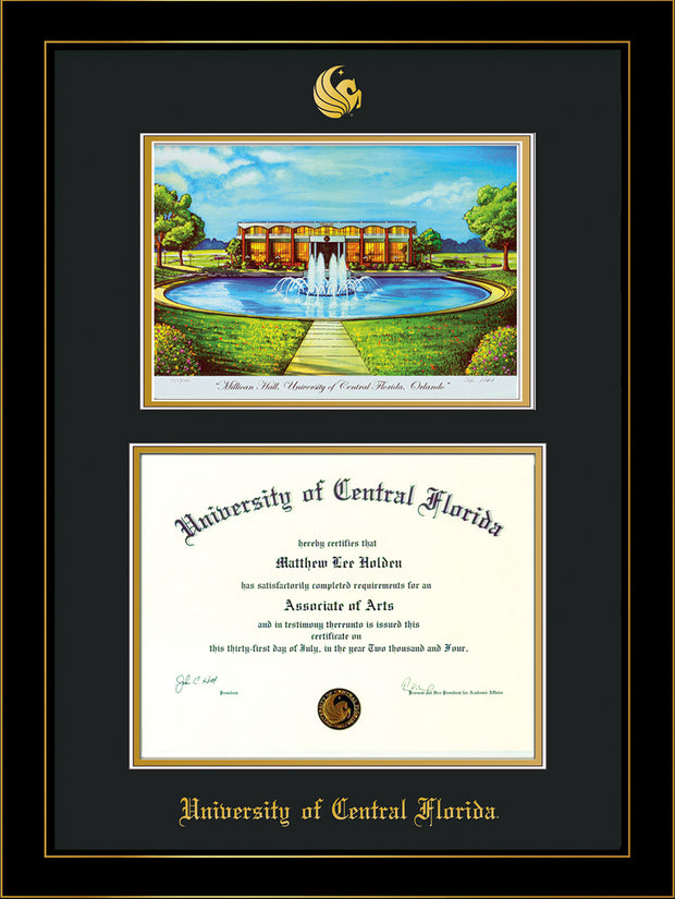 Image of University of Central Florida Diploma Frame - Honors Black Satin - w/Embossed UCF Seal & Name - Watercolor - Black on Gold mat