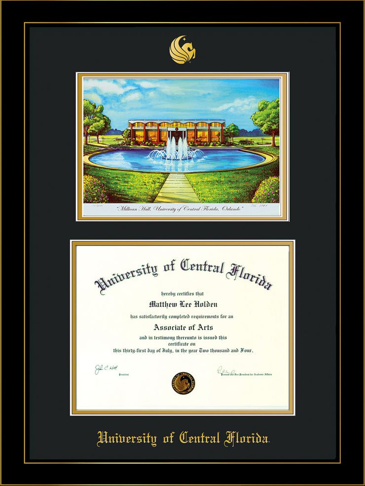 Image of University of Central Florida Diploma Frame - Honors Black Satin - w/Embossed UCF Seal & Name - Watercolor - Black on Gold mat