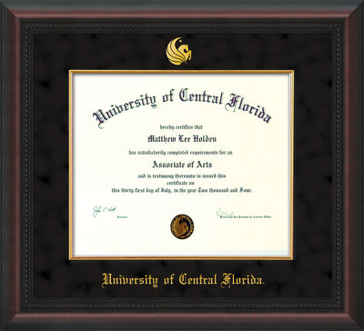 Image of University of Central Florida Diploma Frame - Mahogany Braid - w/Embossed UCF Seal & Name - Fillet - Black on Gold mat