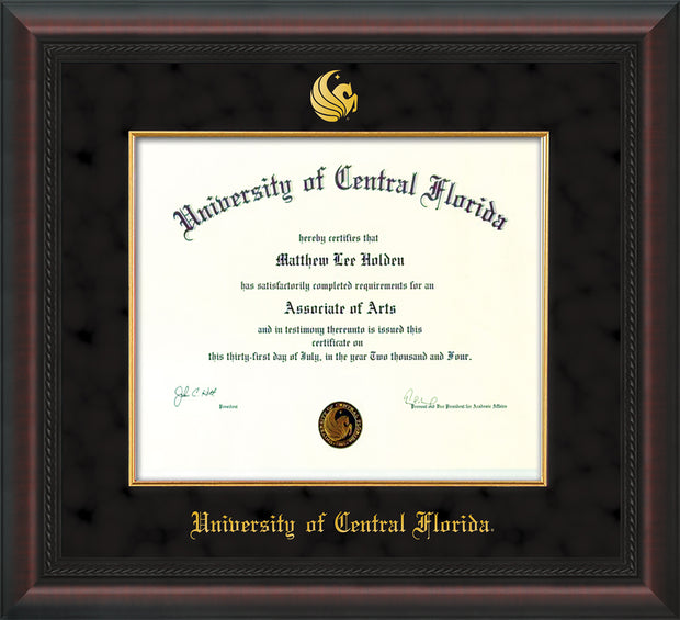 Image of University of Central Florida Diploma Frame - Mahogany Braid - w/Embossed UCF Seal & Name - Fillet - Black on Gold mat