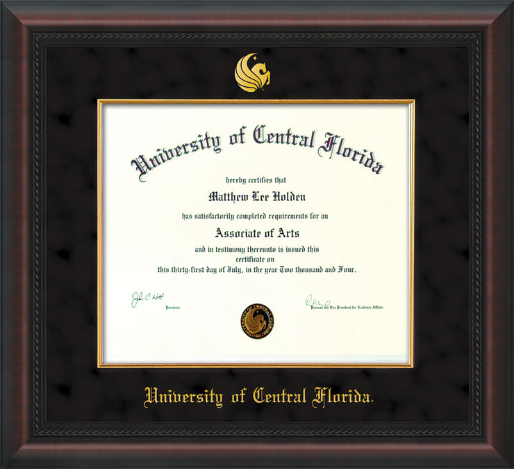Image of University of Central Florida Diploma Frame - Mahogany Braid - w/Embossed UCF Seal & Name - Fillet - Black on Gold mat