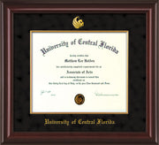 Image of University of Central Florida Diploma Frame - Mahogany Lacquer - w/Embossed UCF Seal & Name - Fillet - Black Suede mat