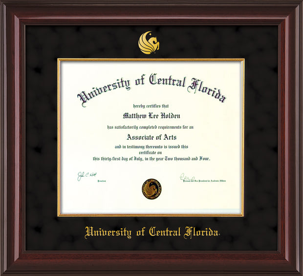 Image of University of Central Florida Diploma Frame - Mahogany Lacquer - w/Embossed UCF Seal & Name - Fillet - Black Suede mat