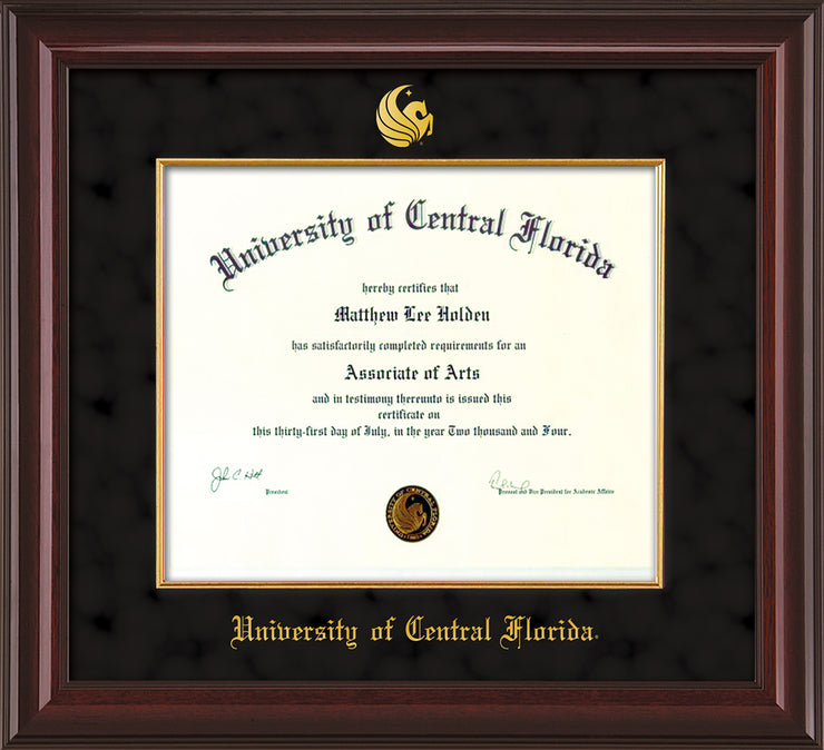 Image of University of Central Florida Diploma Frame - Mahogany Lacquer - w/Embossed UCF Seal & Name - Fillet - Black Suede mat