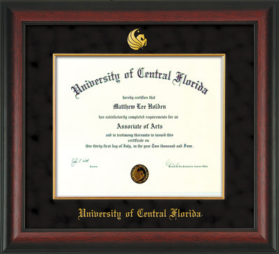 Image of University of Central Florida Diploma Frame - Rosewood - w/Embossed UCF Seal & Name - Fillet - Black Suede mat