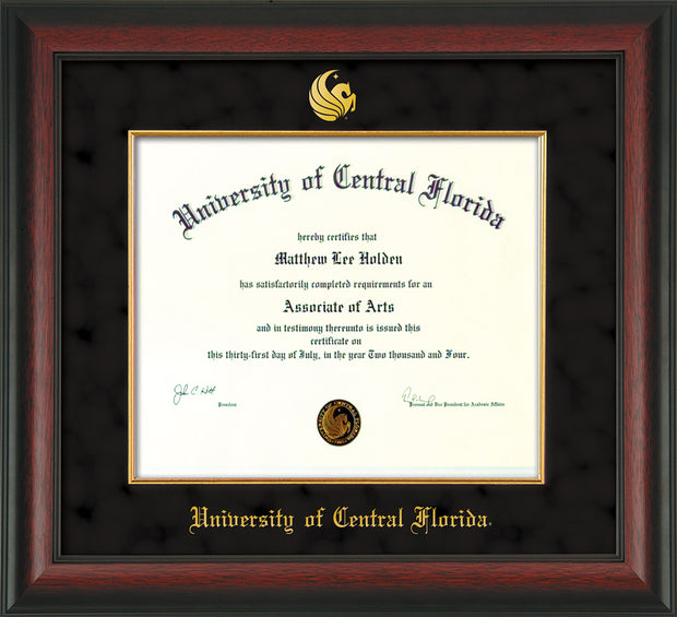 Image of University of Central Florida Diploma Frame - Rosewood - w/Embossed UCF Seal & Name - Fillet - Black Suede mat