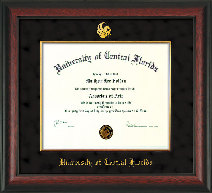 Image of University of Central Florida Diploma Frame - Rosewood - w/Embossed UCF Seal & Name - Fillet - Black Suede mat