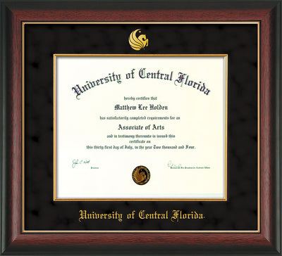 Image of University of Central Florida Diploma Frame - Rosewood with Gold Lip - w/Embossed UCF Seal & Name - Fillet - Black Suede mat
