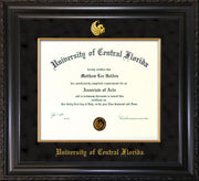 Image of University of Central Florida Diploma Frame - Vintage Black Scoop - w/Embossed UCF Seal & Name - Fillet - Black Suede mat