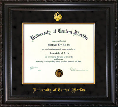 Image of University of Central Florida Diploma Frame - Vintage Black Scoop - w/Embossed UCF Seal & Name - Fillet - Black Suede mat