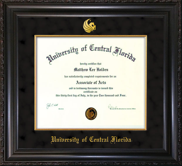 Image of University of Central Florida Diploma Frame - Vintage Black Scoop - w/Embossed UCF Seal & Name - Fillet - Black Suede mat