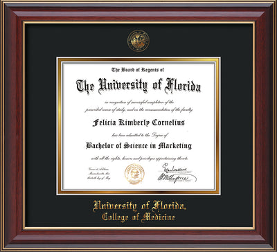 Image of University of Florida Diploma Frame - Cherry Lacquer - w/UF Embossed Seal & College of Medicine Name - Black on Gold mat